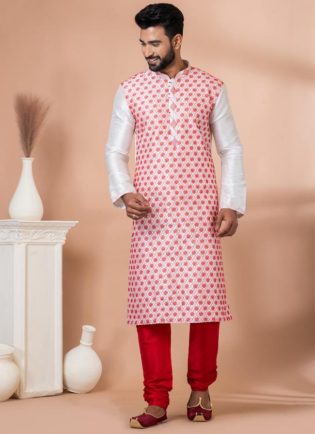 Banarasi Dhupion White Festival Wear Embroidery Work Kurta Pajama